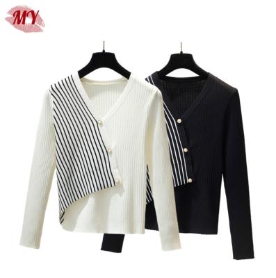 China Anti-Wrinkle Women Spring Asymmetric V-Neck Long Sleeve Rib Knit Shirt Slim Design Patchwork Knitted Top for sale