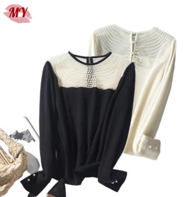 China Anti-wrinkle women new vintage patchwork knit pullover solid elegant spring top for sale