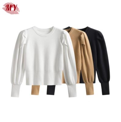 China Anti-Wrinkle Women Autumn Simple Solid Short Sweater Casual Knitted Leg Sleeve Pullover Top for sale