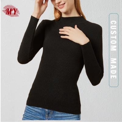 China Custom Yarn Dyed Women Anti-Wrinkle Stand Collar Ribbed Knit Jumper Long Sleeve Basic Casual Knitted Sweater for sale