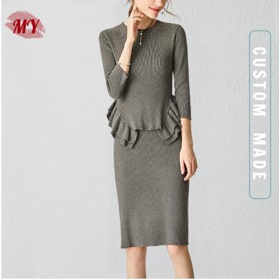 China Anti-Wrinkle Women Two Piece Sweater Suit Round Neck Ruffled Slim Trim Knit Jumper And Bodycon Rib Knit Skirt for sale