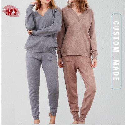 China Anti-wrinkle Women Two Piece Thick Sweater Set Solid V Neck Sweater Jumper And Pock Side Knitted Pants for sale