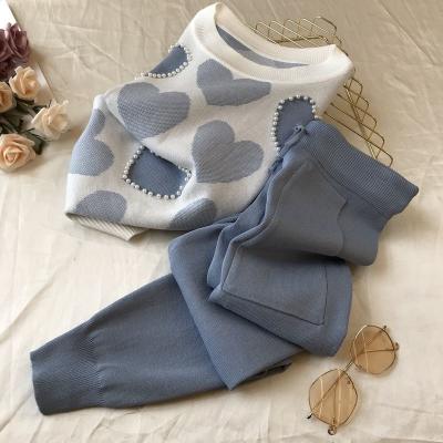 China Anti-wrinkle summer Korean knitted 2 piece set women short sleeve beading sweater female suit casual tracksuit tops+pants for sale