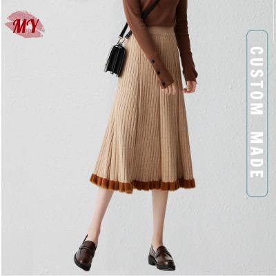 China Women Autumn Thick Anti-Static A Line Ribbed Knit Midi Skirt Fashion Sweater Skirt With Pleated Fluffy Trim for sale