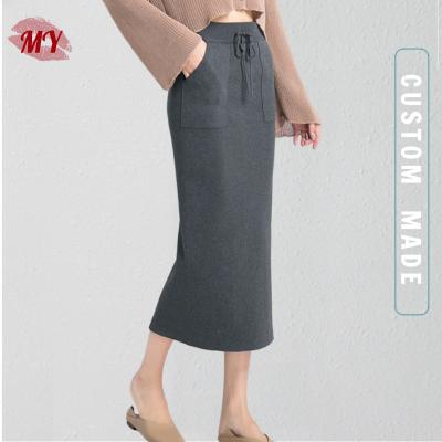 China Anti-Static Yarn Dyed Drawstring Pockets Front Knitted Wrap Skirt Midi Length Sweater Slim Skirt For Women for sale