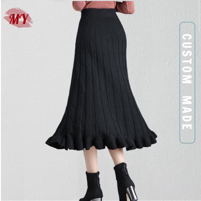 China Anti-Static Knitted Floral Trim A Solid Midi Skirt Vintage Sweater High Waist Line Skirt For Lady And Women for sale