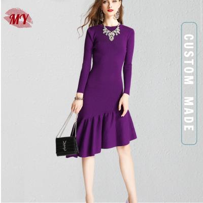 China Manufacturer Custom Elegant Asymmetric Anti-Wrinkle Pleated Balance Midi Sweater Dress Solid Women Knitted Dress for sale