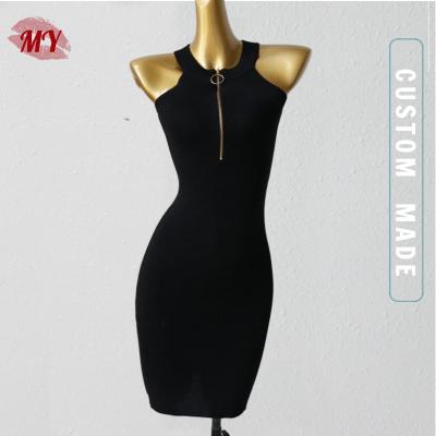 China Anti-Wrinkle Women Sleeveless Black Slim Knit Dress Zipper Front Bodycon Mini Knitted Dress for sale