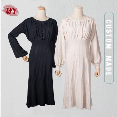 China New Anti-wrinkle Puff Sleeve Round Neck Midi Knitted Loose Fit Button Front Sweater Dress Dress for sale