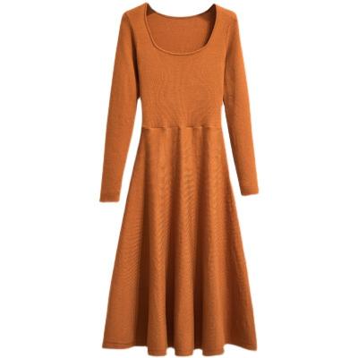 China Anti-pilling Autumn Square Collar Long Sleeve 2021 Knitted Dress Women's High Waist Sweater Dress Thin Solid A Line Winter Solid Dress for sale