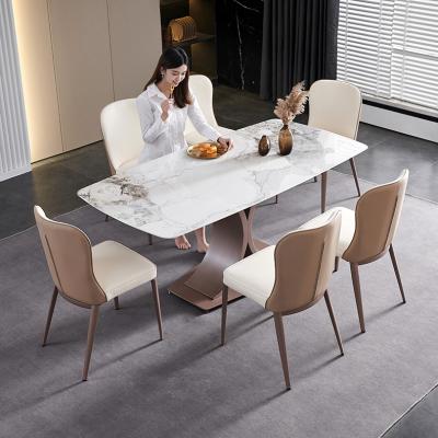 China Modern Furniture Silver Dinner Room Marble Table and Chairs Marble Top Dining Table Set Transparent OEM Tempered Metal Hardware for sale