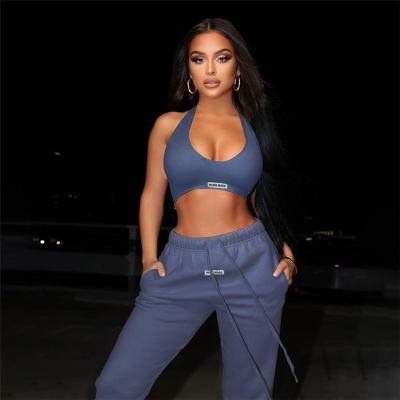 China Breathable Women Casual Sports Suit Crop Halterneck Sexy Low Cut Top Waist Drawstring High Leg Pants Joggers Set for sale