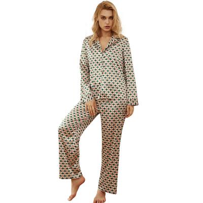 China Polyester Breathable Wholesale Home Use Slim Ice Silk Long Sleeve Pants Women Comfortable Pajamas Customized for sale