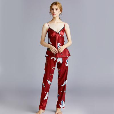 China Good Quality Polyester Pajamas QUICK DRY Long Pants Ice Two Piece Pajamas Skin-Friendly Women Silk Sleeveless for sale