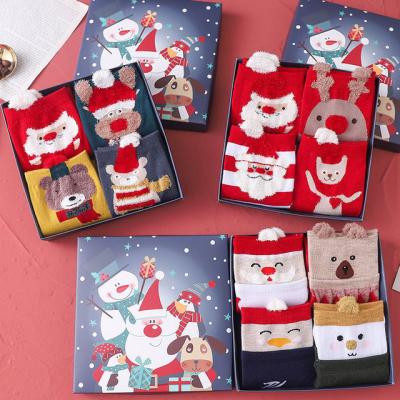 China New Antibacterial Winter Cartoon Four Pairs Gift Boxed Women's Socks New Year Christmas Party Red Socks for sale