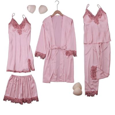 China Five-Piece Ins Thermal Hot Popular High Quality Wholesale Amazon Satin Chiffon Pajamas Five-piece New Set To Launch Long Dress Homewear Outer Pants for sale