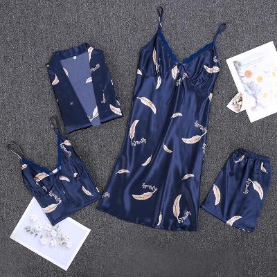 China Hot selling QUICK DRY four-piece polyester pajamas ice silk comfortable women pajamas for sale