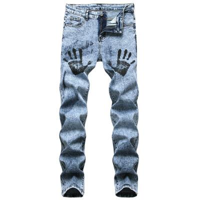 China Breathable Jeans Factory OEM Mens Jeans Palmprint Stretch Popular Light Blue Jeans for sale