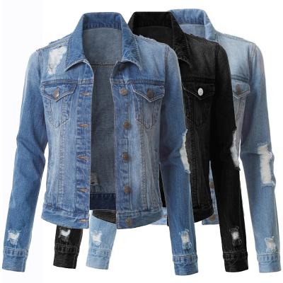 China New Arrival Anti-Shrink Coat Hollow Out Women Crop Ripped Jeans Denim Jacket For Women for sale