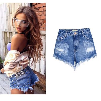 China Breathable Denim Shorts With Tassel Rivets Loose Casual Denim 2021 Women Blue Jeans Shorts for sale