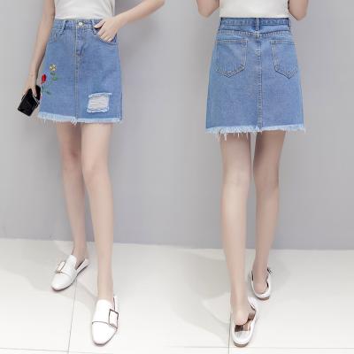 China Breathable 2021 New Style Women Distressed Short Sustainable Denim Skirt Knee Length for sale