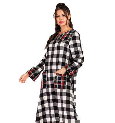 China New Breathable Double Pocket Round Neck Check Spliced ​​Long Sleeve Plaid Dress for sale