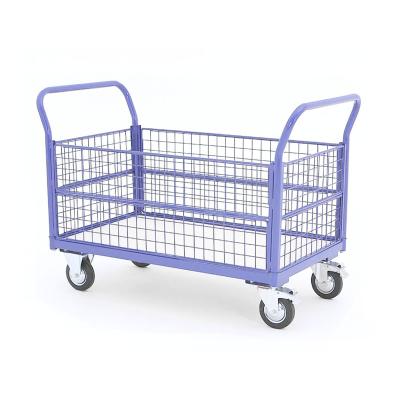 China Disassembled Warehouse Handling Mobile Wire Steel Mesh Sided Platform Trolley for sale