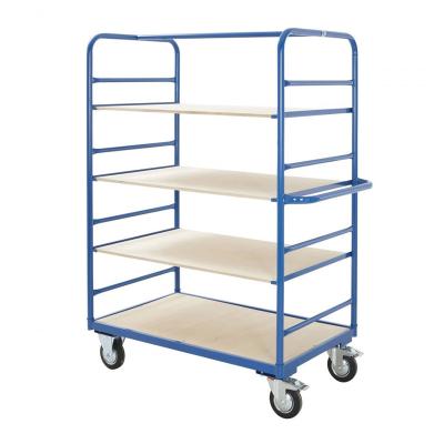 China Disassembled Heavy Duty Warehouse Steel 4 Layers Plywood Storage Platform Shelf Trolley for sale