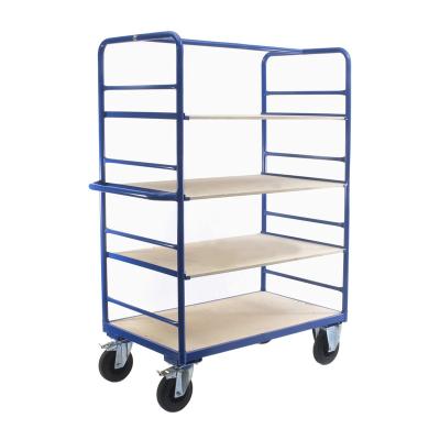 China Flat 4 Tier Wooden Heavy Load Metal Frame Platform Disassembled Rolling Industrial Trolley With Shelf for sale