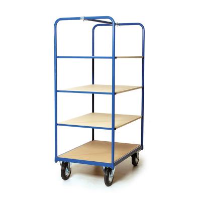 China Disassembled Heavy Duty Plywood Mobile Warehouse Platform Metal Storage 4 Layer Trolley Cart for sale