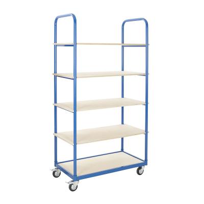 China Store Steel Frame MDF Board Order Picking Narrow 5 Tiers Disassembled Cart for sale