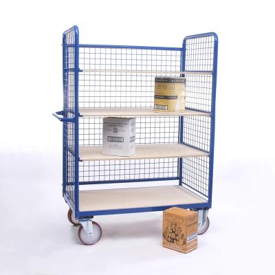 China Disassembled Heavy Duty Steel Mobile Storage Mesh Sided Shelf 4 Deck Wooden Warehouse Trolley for sale