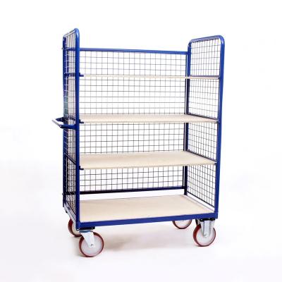 China Disassembled Heavy Duty Easy Loading Movable Shelves Plywood Mesh Steel Rolling Warehouse Trolley Platform Four Shelves for sale