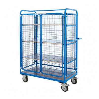 China Industrial Heavy Duty Mesh Sides Steel Storage Rolling Platform 4 Tier Disassembled Wire Shelf Cart for sale