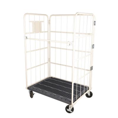 China Warehouse Platform Steel Rolling Pallet Collapsible Plastic Tainer 3 Sided Roll Cage for sale