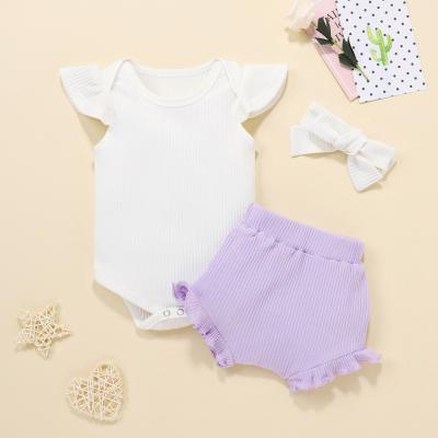 China Lovely Summer Baby Clothes Bummies Solid Ribbed Romper With 3Pcs Headband Summer Outfits Set 0-24Month for sale