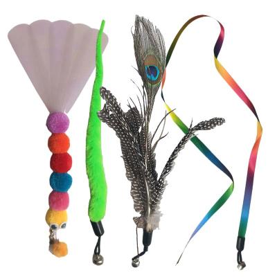 China Viable Pet Supplies Feather Along Rod Retractable Moggy Wand Replaceable Head Cat Toys Funny Bell Feather Stick for sale