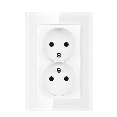 China Other Wall Power Outlet 16A Double Socket Double Socket European Standard German European Standard French Gray Panel Tempered Glass 2P+E for sale