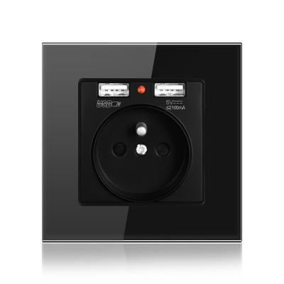 China Other Type 86 European Standard With French Standard Dual USB 16a Tempered Glass Wall Power Socket Black for sale