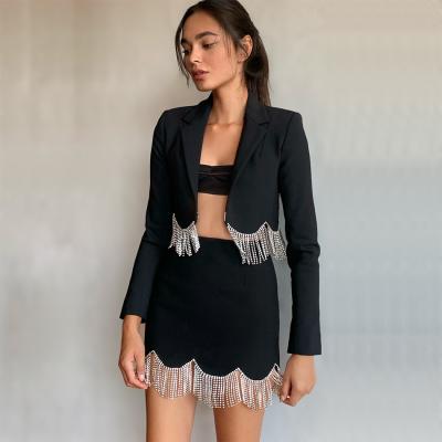 China 2022 new arrivals QUICK DRY fashion women pure color diamond sexy tassel deep v-neck blazer with mini skirt women blazer skirt set for sale