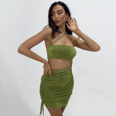 China 2021 New Arrival Sexy Irregular QUICK DRY Fashion Halter Vest Dresses For Women Green Side Ruffled Mini Skirt Suits Skirt Suits for sale