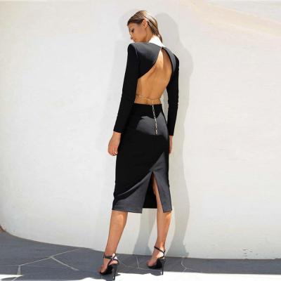 China Fashion Breathable Classic Elegant Ladies Sheath Long Black Backless Slim Fit Hollow Out Waist Dress Dresses With Chain Midi Dresses for sale