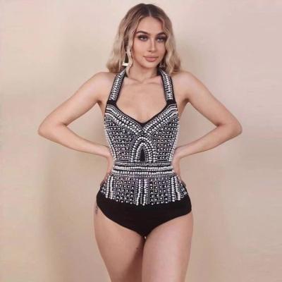 China New Design High Quality Black Hot Sexy Nightclub QUICK DRY Diamond One Piece Bodysuit Lady's Deep V-Neck Jumpsuit for sale