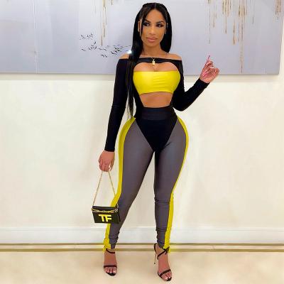 China 2021 Autumn Fashion QUICK DRY Patchwork Sets Strapless Long Sleeve Hollow Out Women Tight Set Two Piece High Waist Partywear Jumpsuit for sale