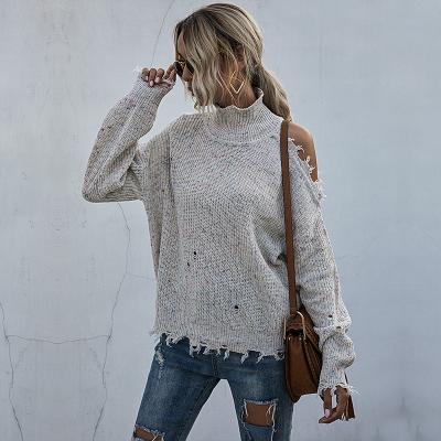 China Hole Shoulder Long Loose Neck Sleeve Top Solid Color Knitted Sweater Women's Fall 2021 for sale