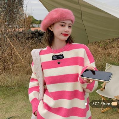 China 2021 Autumn Loose Striped Sweater Women's Cute Pink Winter Student Sweater New for sale