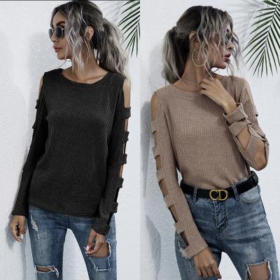 China 2021 Fall Loose Off Shoulder Sweater Slim Fit Women's Hollow Sleeve Based Sweater Long for sale