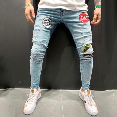 China 2021 QUICK DRY men's slim fit jeans with holes embroidery used washed jeans men for sale