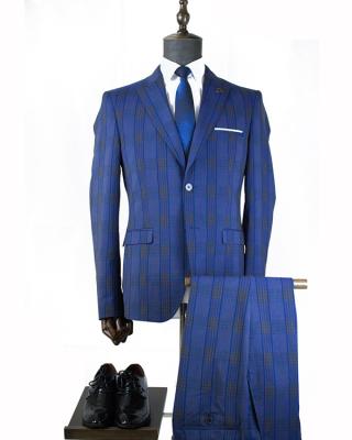 China Fashion Anti-Wrinkle Men's Plaid BlueTwo-Button New Plaid New Color Slim Fit British Business Suit Contrast Professional Suit for sale