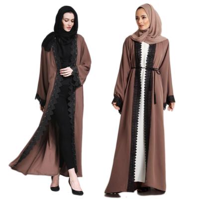 China Islamic clothing women front buttoned open bottom abaya with straight sleeves lace up design fashion bubai abaya chiffon kaftan dress for sale